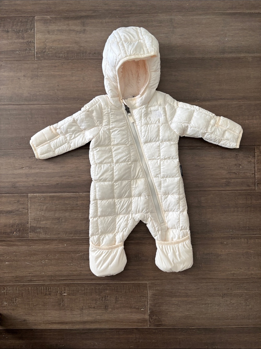 The North Face Cream Quilted Hooded Baby Snowsuit